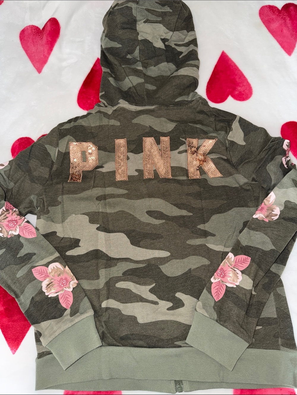 PINK Victoria's Secret Camouflage Zip-Up Hoodie with Pink Floral Accents - Green - Picture 6 of 6